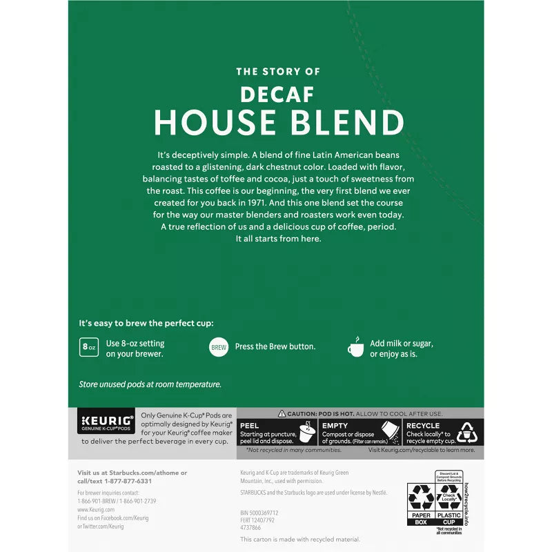 Starbucks Decaf House Blend Medium Roast Keurig K-Cup Coffee Pods, 22ct