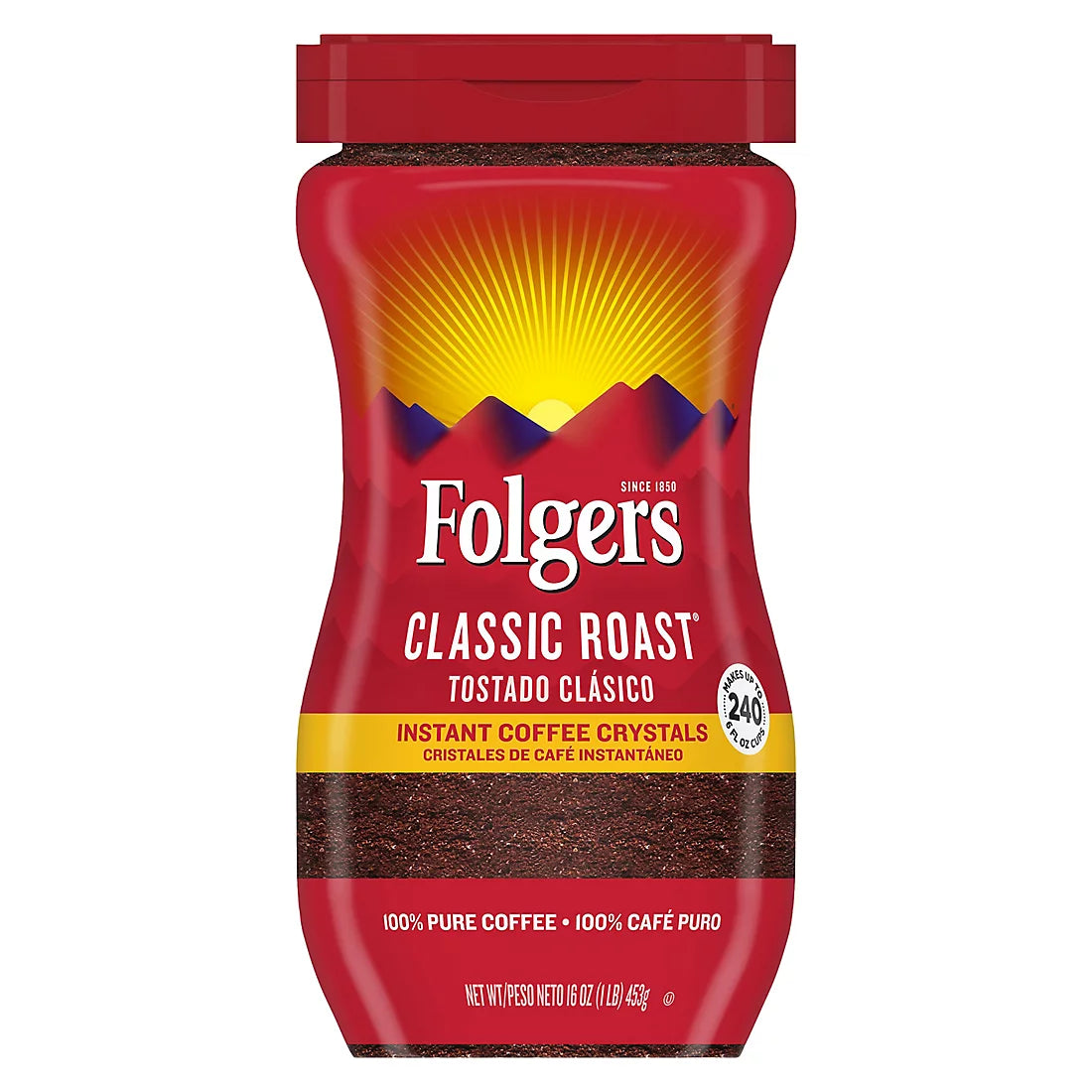 Folgers Classic Roast Instant Coffee Crystals, 100% Pure Coffee, 16 oz.