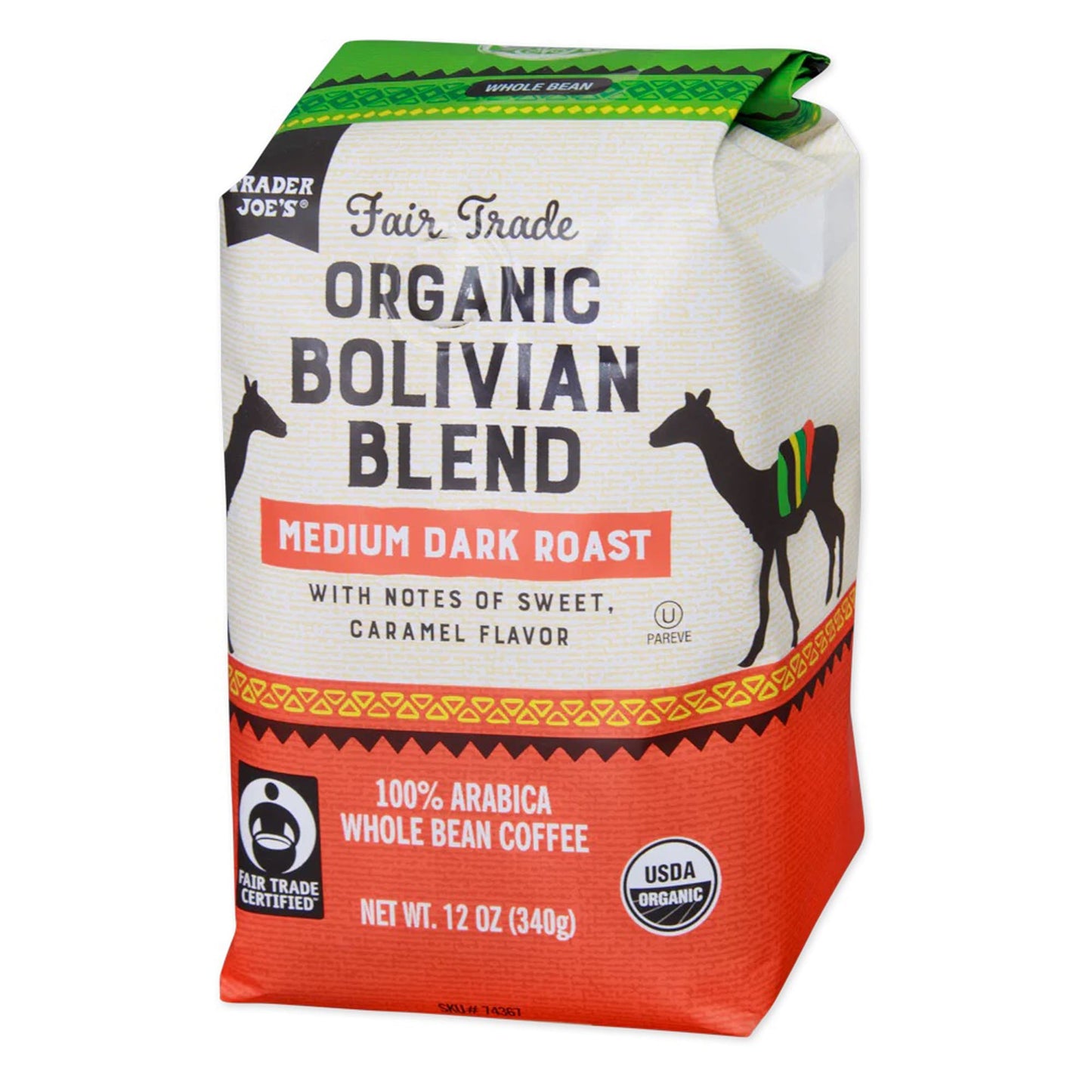 Trader Joe's Fair Trade Organic Bolivian Blend, Medium Dark Roast Whole Bean Coffee, 12 oz.