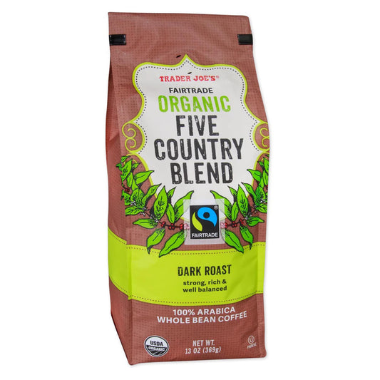 Trader Joe's Fairtrade Organic Five Country Blend, Dark Roast Whole Bean Coffee, 13 oz.