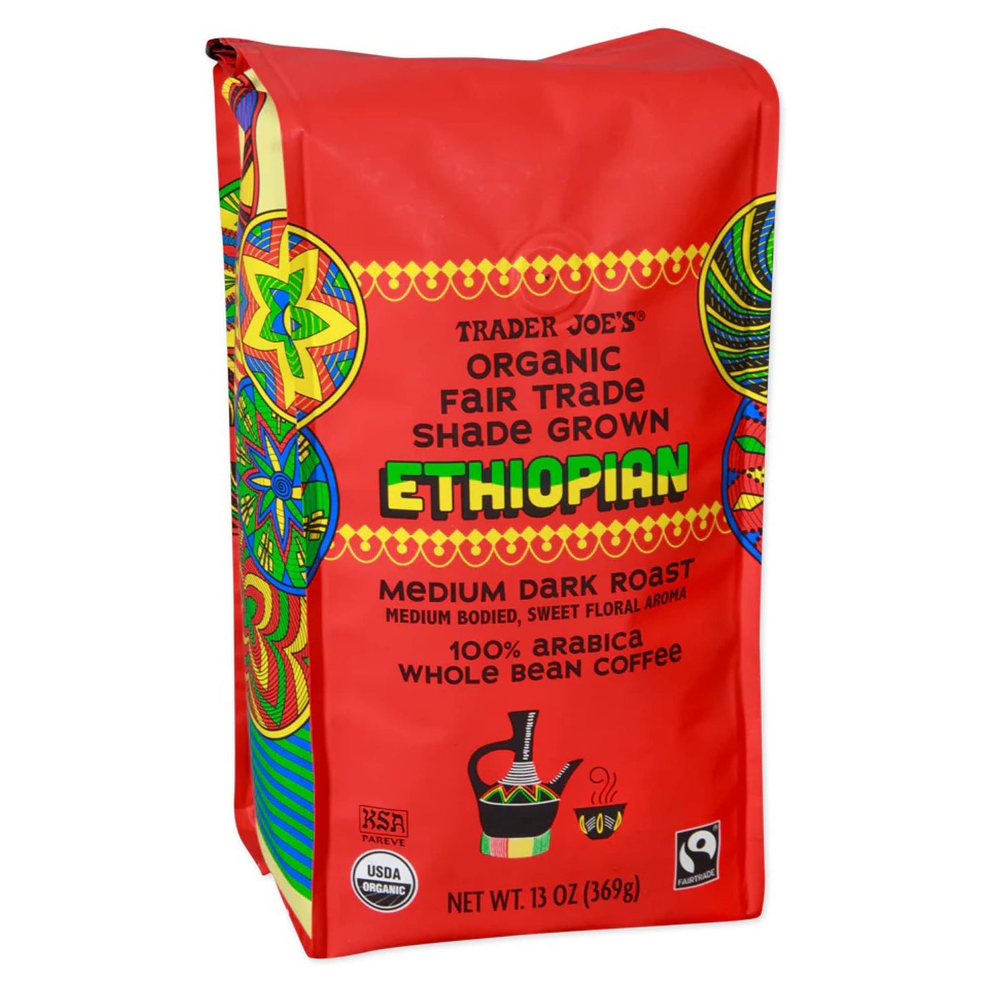 Trader Joe's Organic Fair Trade Shade Grown Ethiopian, Medium Dark Roast Whole Bean Coffee, 13 oz.